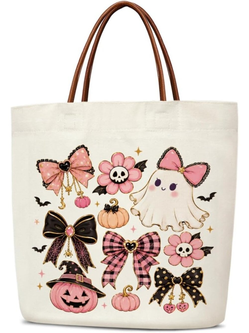 〽️Women Cream Black Bow Halloween Reusable Leather Handles Grocery Tote Gift Bag